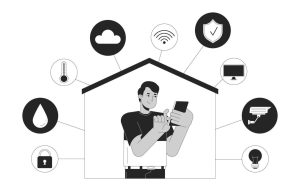 Illustration of a CCTV setup showing camera types and monitoring devices